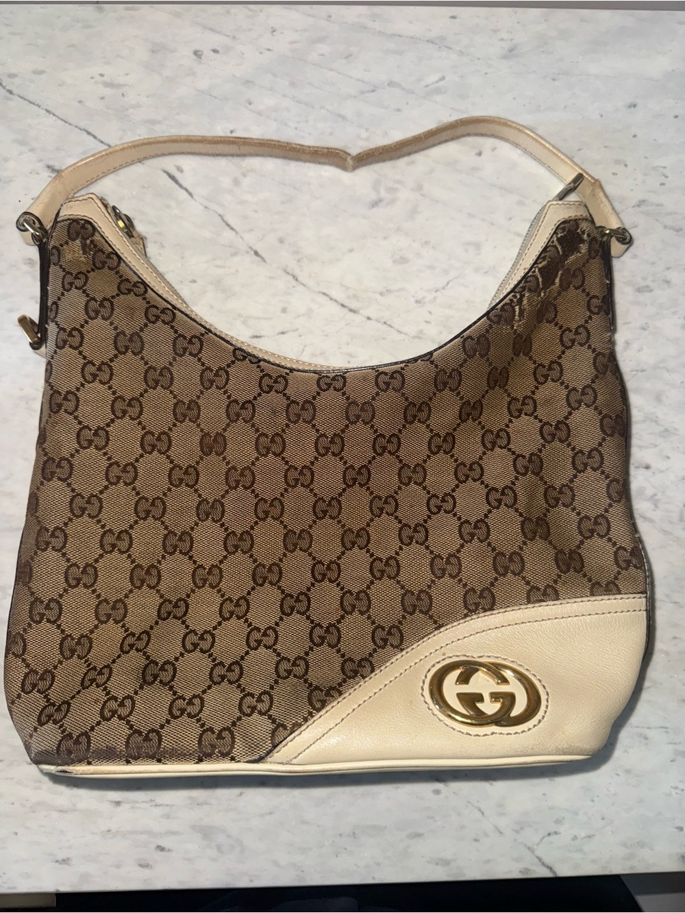 Gucci Brown GG Canvas Shoulder Bag with Beige Trim and Gold Logo